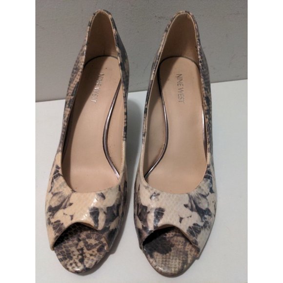 Nine West Shoes 8 Snakeskin Embossed Peep-Toe Cone Heel Metallic Minimal Wear - Picture 3 of 6